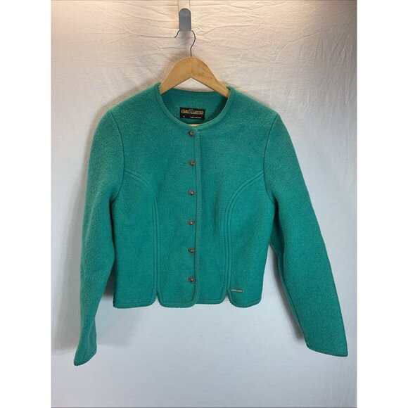 Geiger Sweater Womens 42 Green Boiled Wool Jacket Austria Cardigan Cottage Vtg - Picture 1 of 9